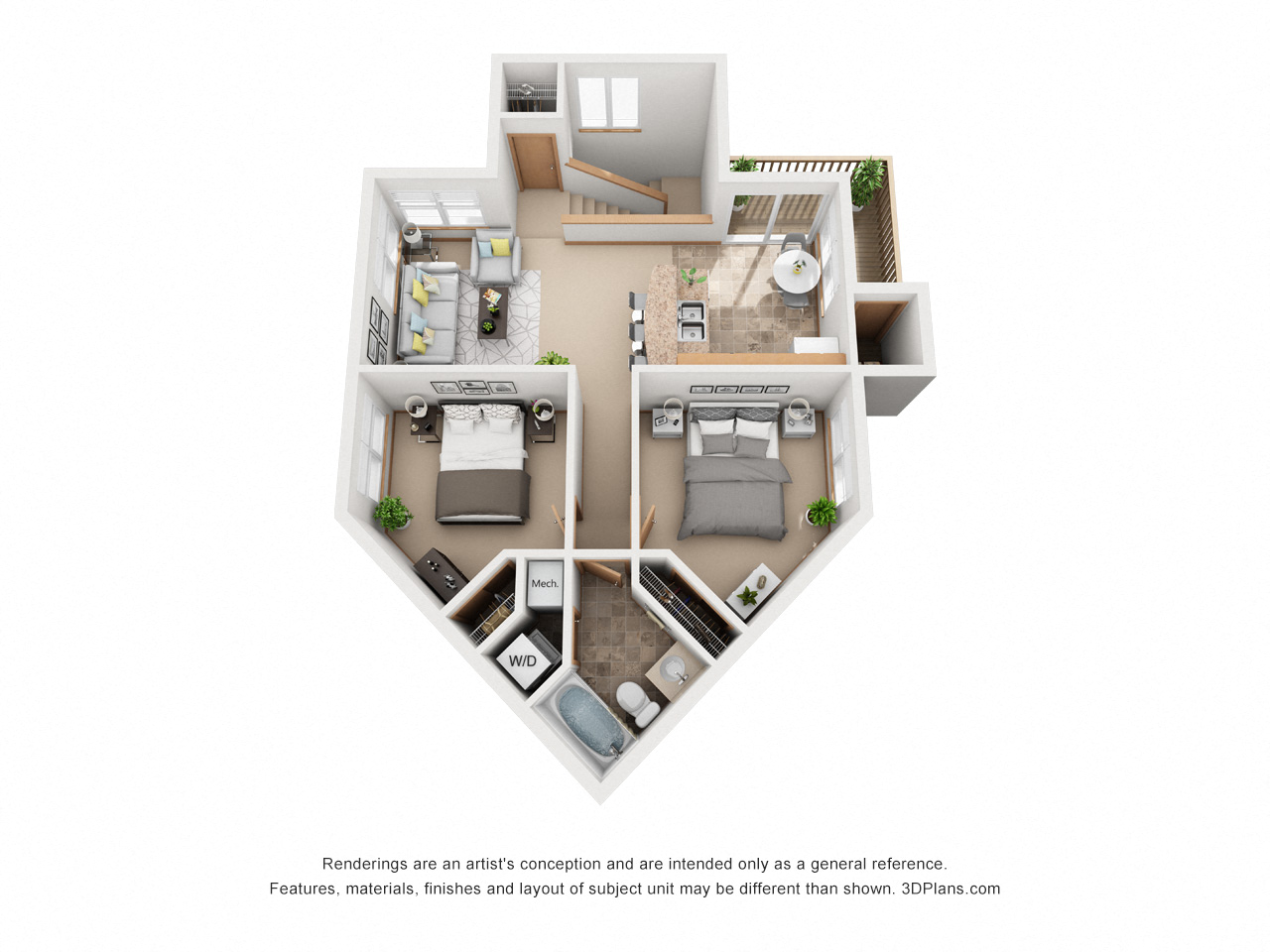 Floor plan for 2 beds, 1 bath, 885 sqft